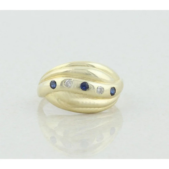 14k Yellow Gold Natural Blue Sapphire and Diamond Dome Ring Size 10 3/4 - Picture 1 of 7